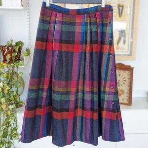 Vintage Wool Blend Plaid A-Line Midi Skirt M